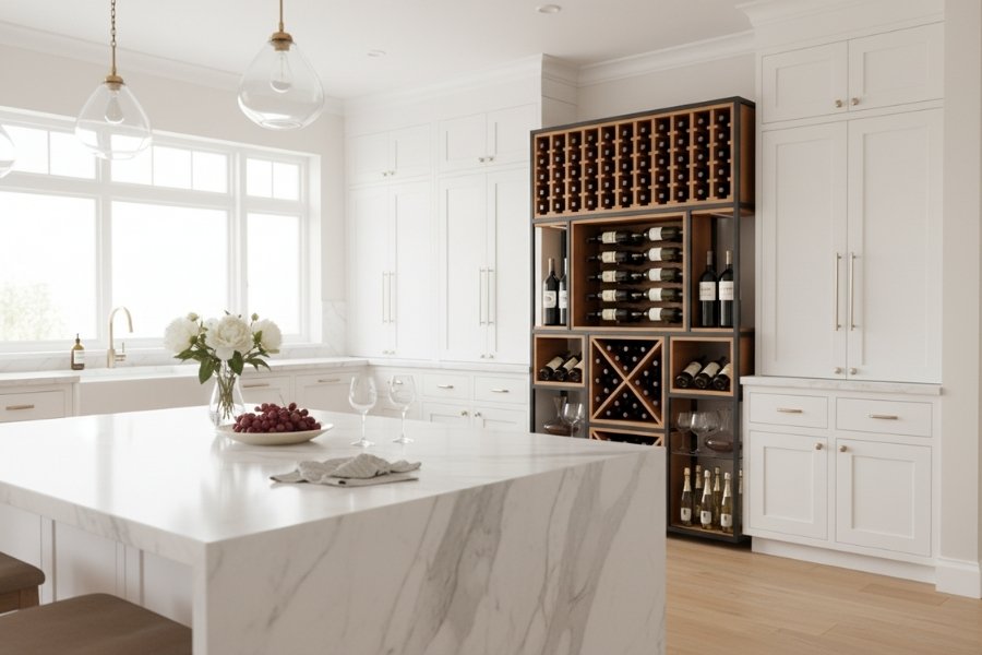 alder and iron wine rack in kitchen