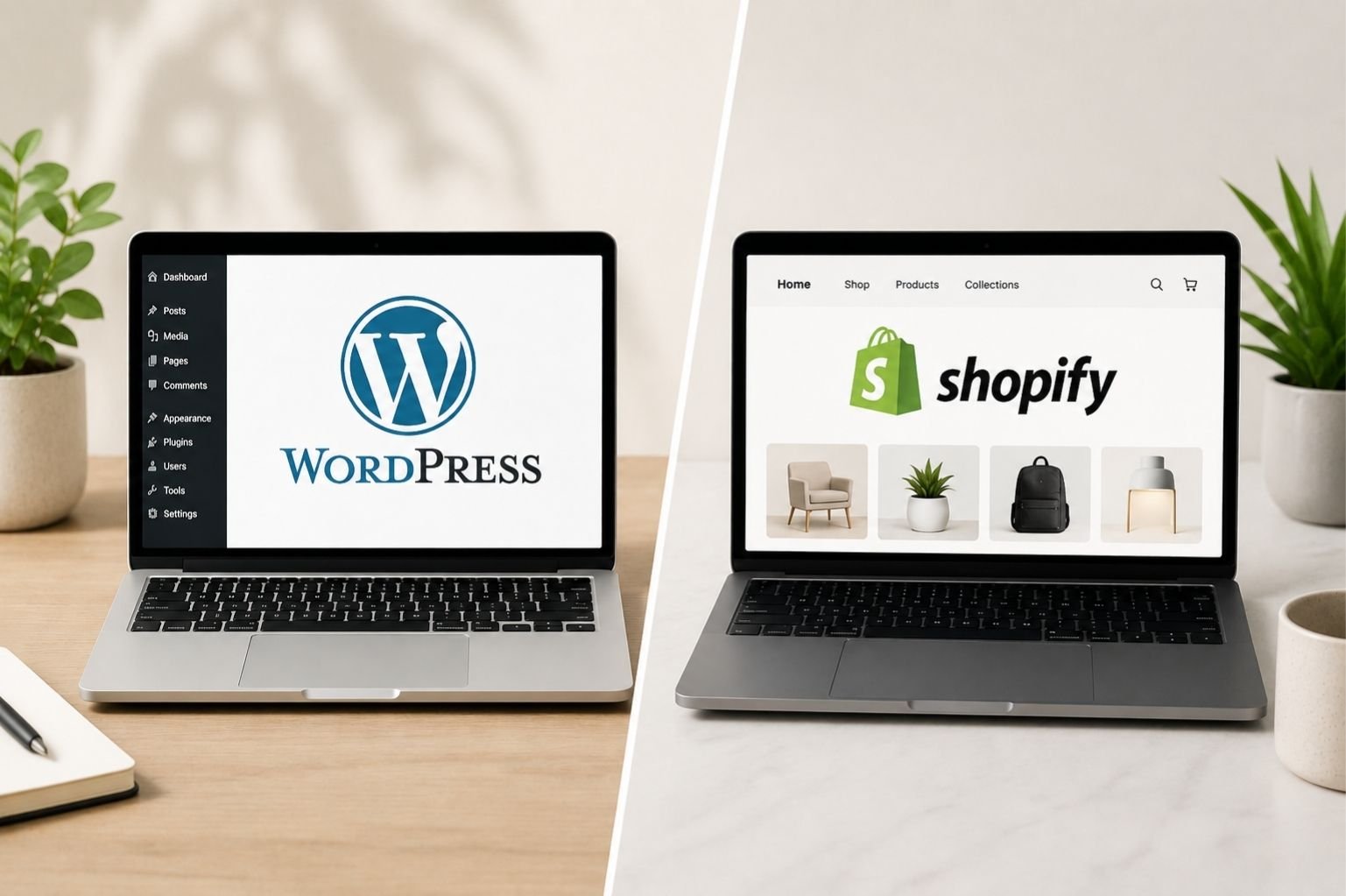 shopify vs wordpress on laptops